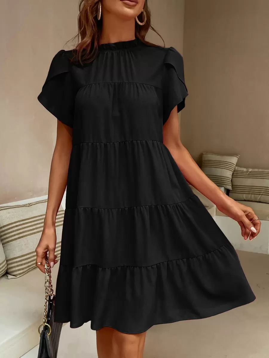 SHEIN LUNE Vestido smock manga tulipán bajo con fruncido - Negro - Ver 1