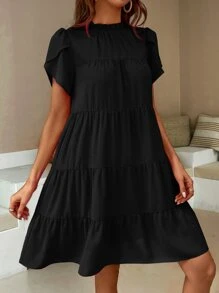 SHEIN LUNE Vestido smock manga tulipán bajo con fruncido - Negro - Ver 3