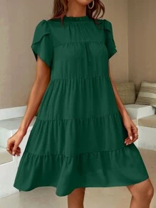 SHEIN LUNE 花瓣袖荷葉邊娃娃裙 - 墨綠色 - 查看 5