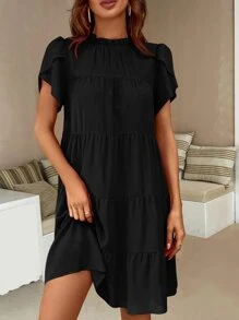 SHEIN LUNE Vestido smock manga tulipán bajo con fruncido - Negro - Ver 4