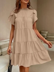 Breezaya Vestido smock manga tulipán bajo con fruncido - Caqui - Ver 1