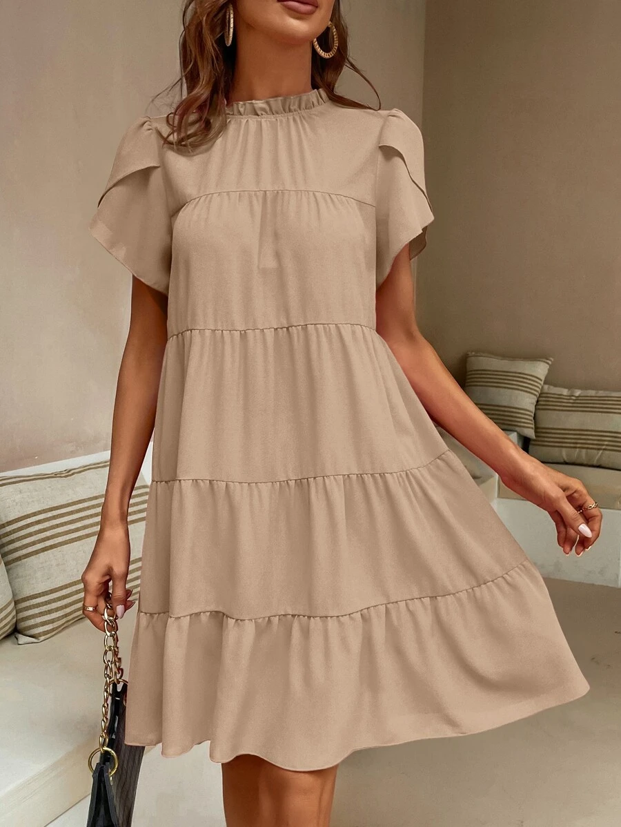 Breezaya Vestido smock manga tulipán bajo con fruncido - Caqui - Ver 1