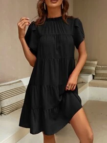 SHEIN LUNE Vestido smock manga tulipán bajo con fruncido - Negro - Ver 6