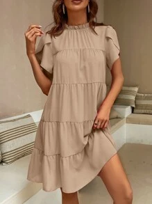 Breezaya Vestido smock manga tulipán bajo con fruncido - Caqui - Ver 3