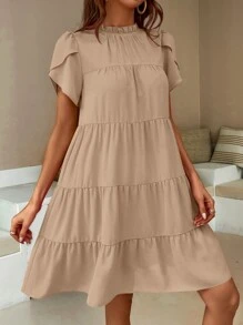 Breezaya Vestido smock manga tulipán bajo con fruncido - Caqui - Ver 5