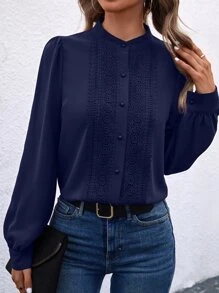 SHEIN Clasi Guipure Lace Insert Button Front Shirt - Navy Blue - View 1