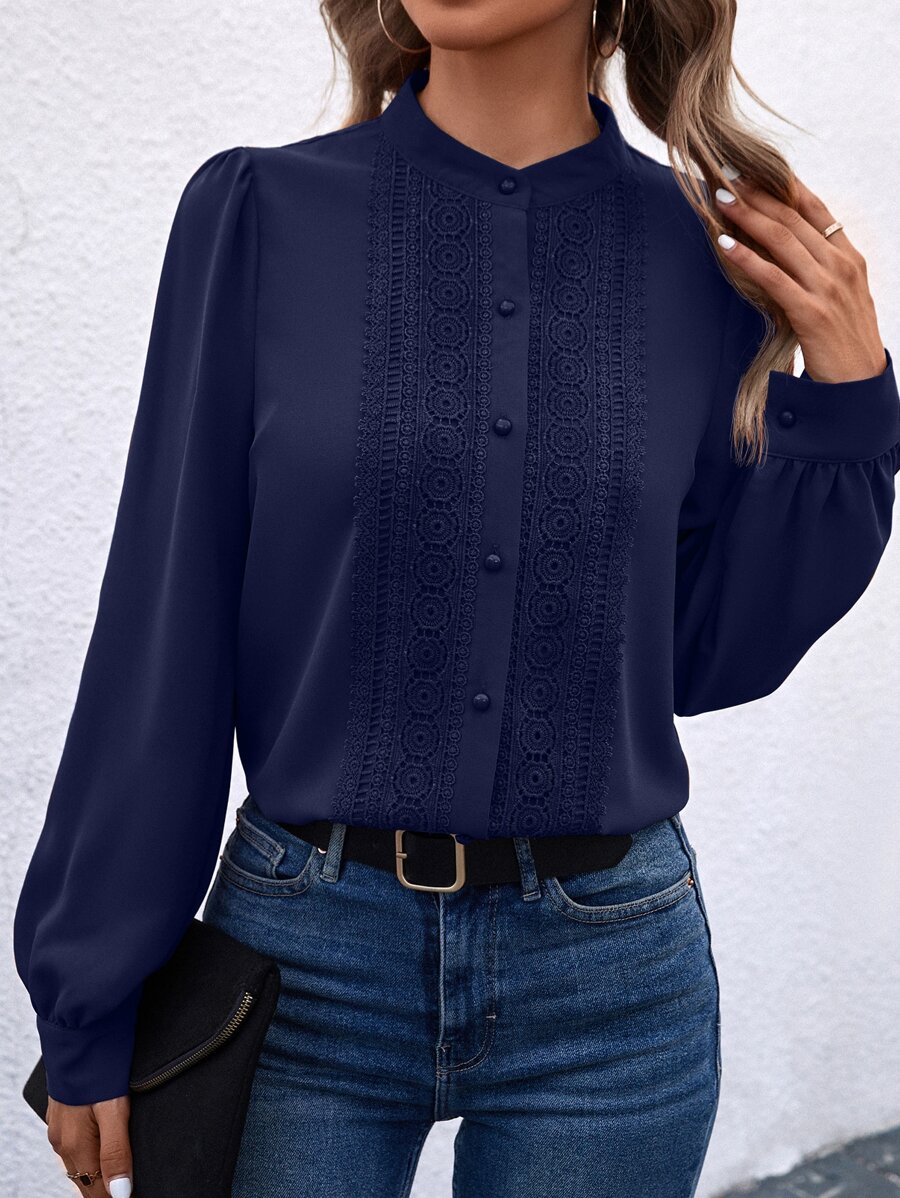 SHEIN Clasi Guipure Lace Insert Button Front Shirt - Navy Blue - View 1