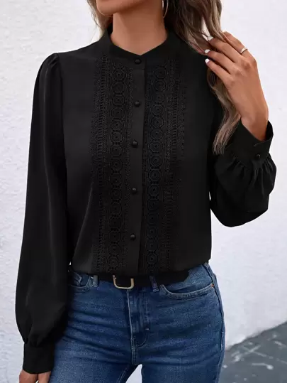 SHEIN Clasi 水溶蕾絲拼接燈籠袖襯衫