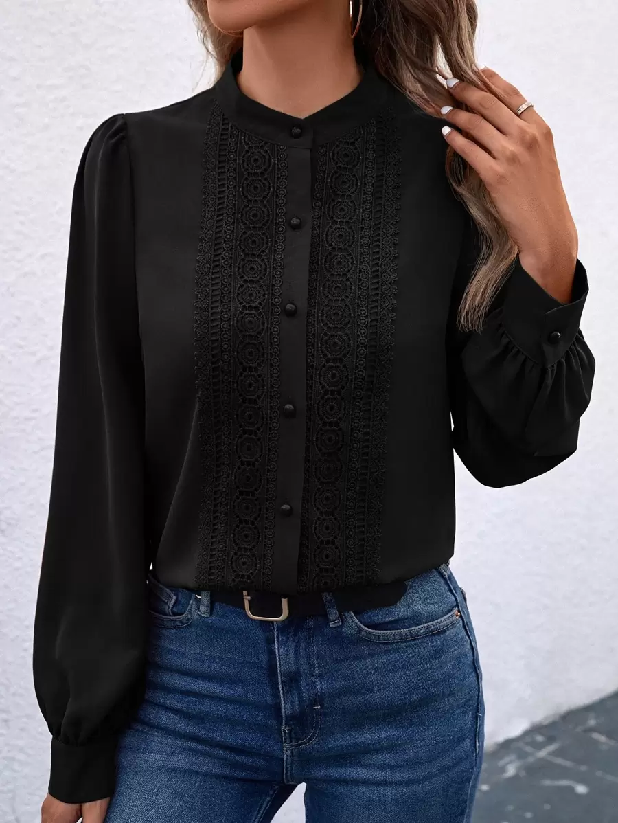 SHEIN Clasi Áo sơ mi nữ Tương phản ren Nút phía trước màu trơn Thanh lịch - màu đen - Xem 1