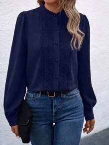 SHEIN Clasi Guipure Lace Insert Button Front Shirt - Navy Blue - View 3