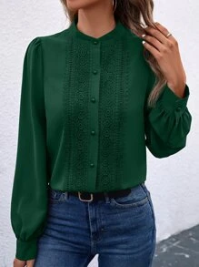 SHEIN Clasi Guipure Lace Insert Lantern Sleeve Shirt - Dark Green - View 1