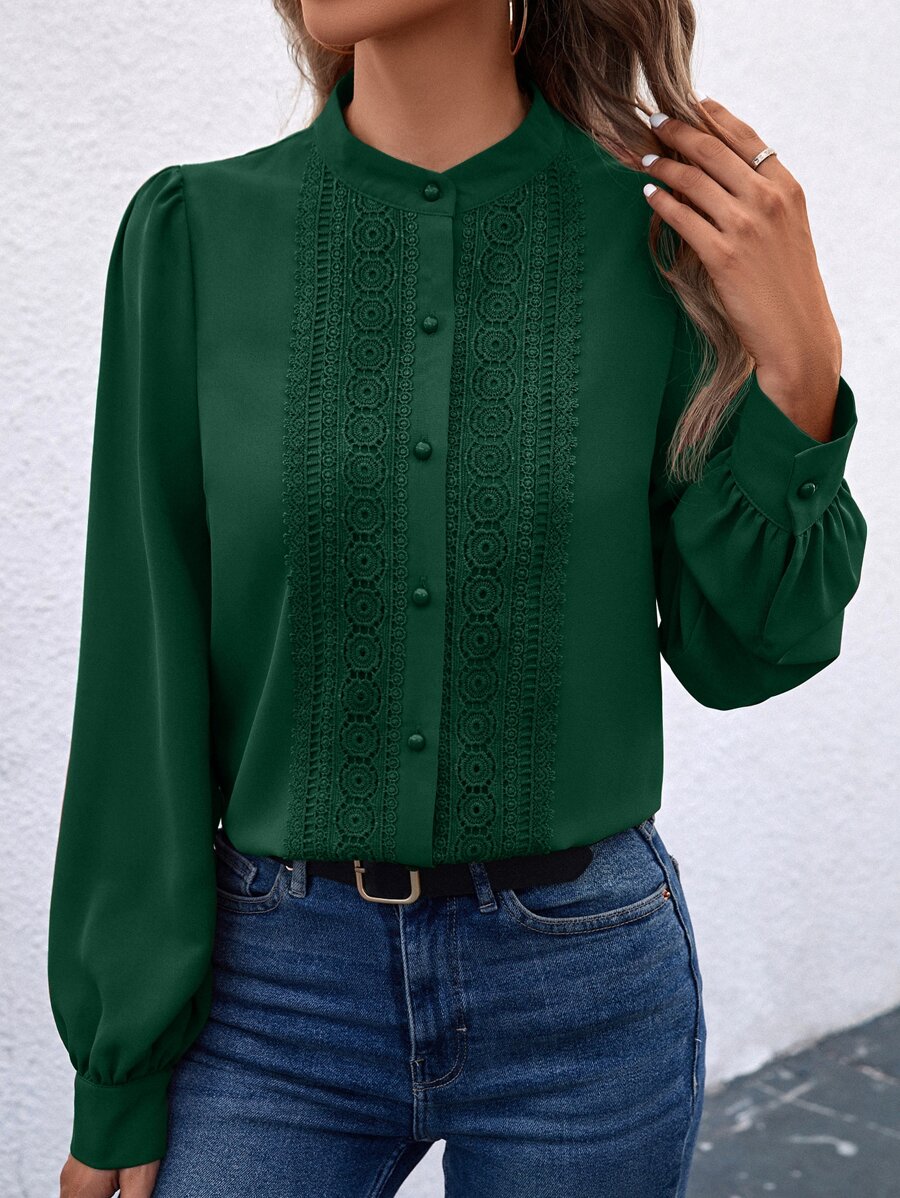 SHEIN Clasi Guipure Lace Insert Lantern Sleeve Shirt - Dark Green - View 1