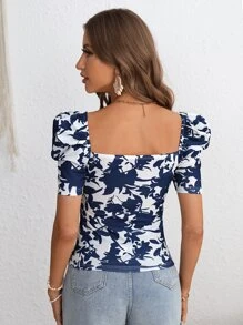 SHEIN Clasi Floral Print Sweetheart Neck Puff Sleeve Tee - Navy Blue - View 2