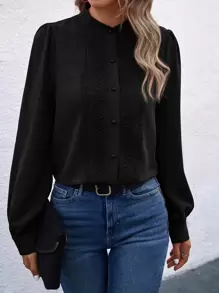 SHEIN Clasi Áo sơ mi nữ Tương phản ren Nút phía trước màu trơn Thanh lịch - màu đen - Xem 4