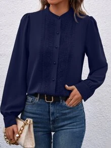 SHEIN Clasi Guipure Lace Insert Button Front Shirt - Navy Blue - View 4