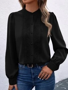 SHEIN Clasi Áo sơ mi nữ Tương phản ren Nút phía trước màu trơn Thanh lịch - màu đen - Xem 5