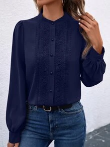 SHEIN Clasi Guipure Lace Insert Button Front Shirt - Navy Blue - View 5