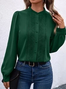 SHEIN Clasi Guipure Lace Insert Lantern Sleeve Shirt - Dark Green - View 3