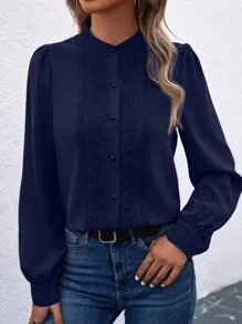 SHEIN Clasi Guipure Lace Insert Button Front Shirt - Navy Blue - View 6