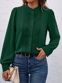 SHEIN Clasi Guipure Lace Insert Lantern Sleeve Shirt - Dark Green - View 4