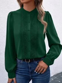 SHEIN Clasi Guipure Lace Insert Lantern Sleeve Shirt - Dark Green - View 5