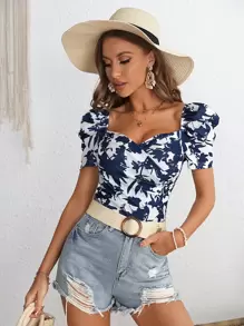 SHEIN Clasi Floral Print Sweetheart Neck Puff Sleeve Tee - Navy Blue - View 6