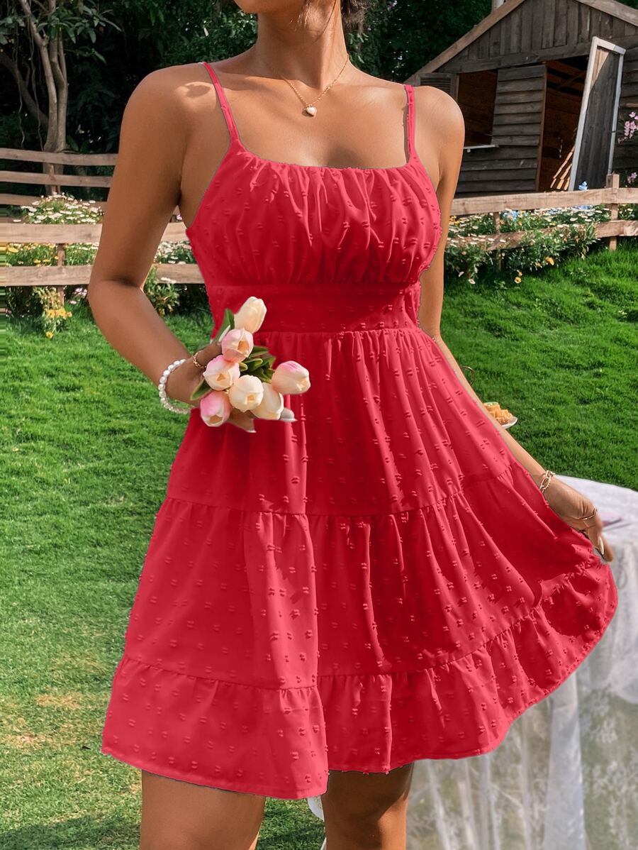 Breezaya Vestido de tirantes de lunares pecho con fruncido bajo con fruncido - Rojo - Ver 1