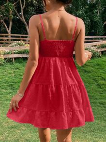 Breezaya Vestido de tirantes de lunares pecho con fruncido bajo con fruncido - Rojo - Ver 2