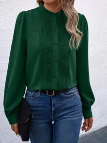 SHEIN Clasi Guipure Lace Insert Lantern Sleeve Shirt - Dark Green - View 6