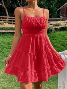 Breezaya Vestido de tirantes de lunares pecho con fruncido bajo con fruncido - Rojo - Ver 3