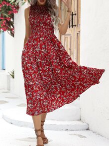 Breezaya Váy chữ A không tay in hoa nhỏ xinh cho trang phục năm mới, trang phục đi biển, kỳ nghỉ dài cho phụ nữ - Đỏ - Xem 5