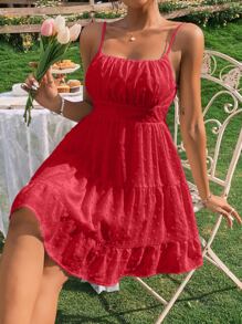 Breezaya Vestido de tirantes de lunares pecho con fruncido bajo con fruncido - Rojo - Ver 4