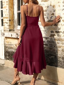 Breezaya Ruffle Trim Knot Side Wrap Hem Cami Dress - Burgundy - View 2