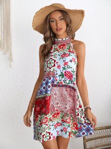 SHEIN VCAY Floral Print Halter Neck Dress - Multicolor - View 1
