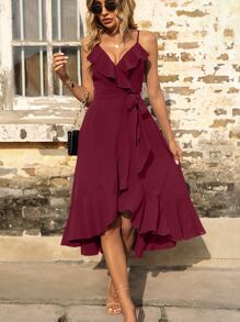 Breezaya Ruffle Trim Knot Side Wrap Hem Cami Dress - Burgundy - View 4