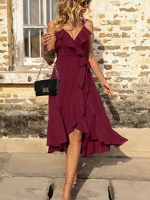 Breezaya Ruffle Trim Knot Side Wrap Hem Cami Dress - Burgundy - View 6