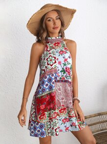 SHEIN VCAY Floral Print Halter Neck Dress - Multicolor - View 5