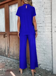 SHEIN VCAY Mock Neck Batwing Sleeve Tee & Trousers - Blue - View 2