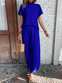 SHEIN VCAY Mock Neck Batwing Sleeve Tee & Trousers - Blue - View 4