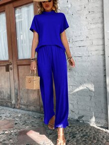 SHEIN VCAY Mock Neck Batwing Sleeve Tee & Trousers - Blue - View 5