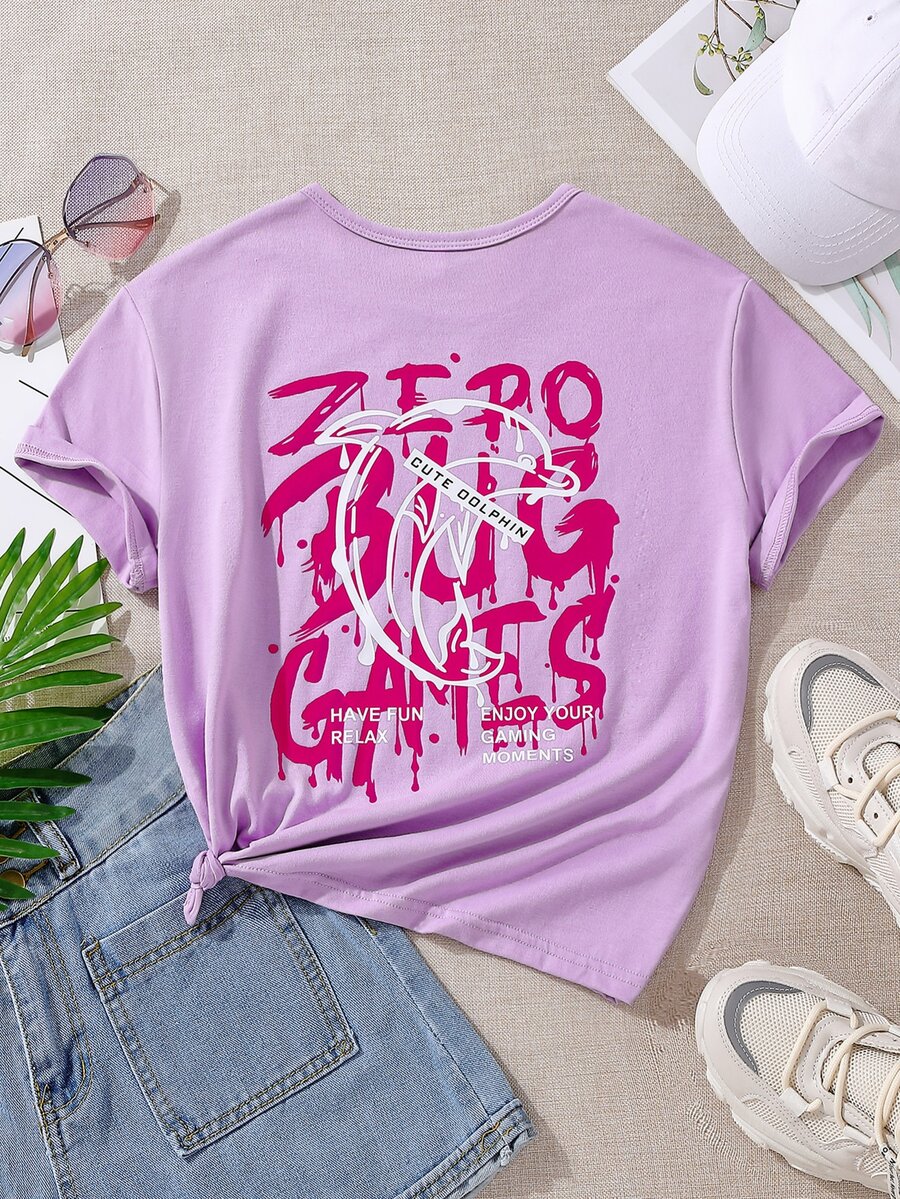 Girls Dolphin & Slogan Graphic Tee - Lilac Purple - View 1