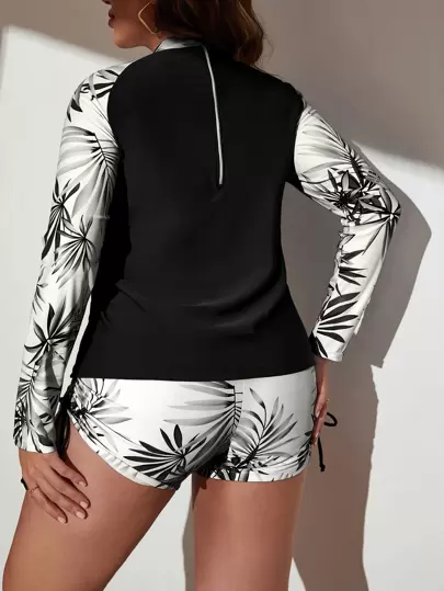Swim Lushoire 夏季海滩加大码热带印花高领防晒衣配长袖泳衣
