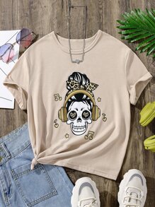 Chicas Camiseta estampado de cráneo - Caqui - Ver 1