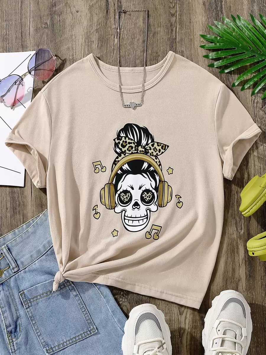 Chicas Camiseta estampado de cráneo - Caqui - Ver 1