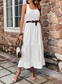 SHEIN VCAY 素色荷葉邊洋裝不附腰帶 - 白色 - 查看 3