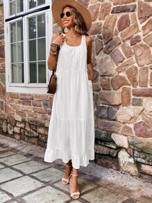 SHEIN VCAY 素色荷葉邊洋裝不附腰帶 - 白色 - 查看 5