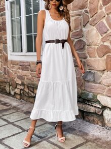 SHEIN VCAY 素色荷葉邊洋裝不附腰帶 - 白色 - 查看 4