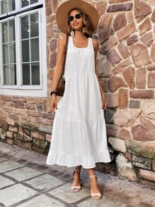 SHEIN VCAY 素色荷葉邊洋裝不附腰帶 - 白色 - 查看 1