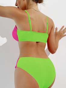 Summer Beach Color Block Ruched Neon Bikini Set Bathing Suit - Multicolor - View 2