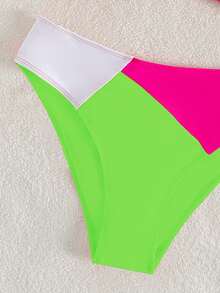 Summer Beach Color Block Ruched Neon Bikini Set Bathing Suit - Multicolor - View 3